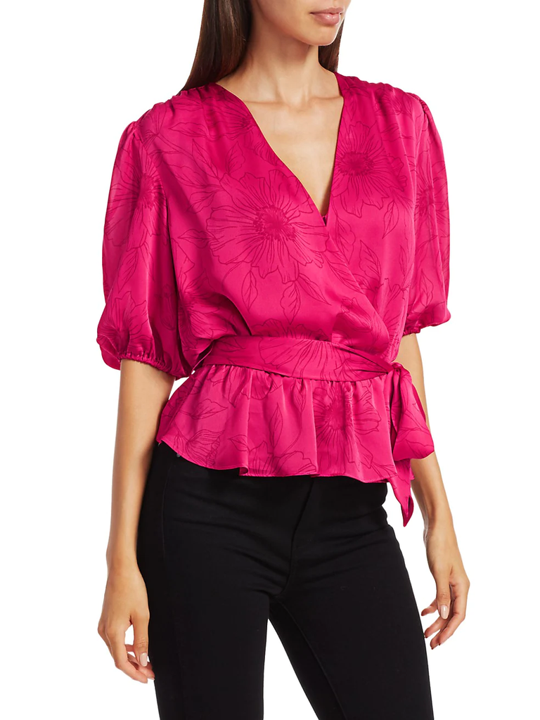 Joie 'Macie' Tonal-Floral Print Wrap-Style Top, Fuchsia
