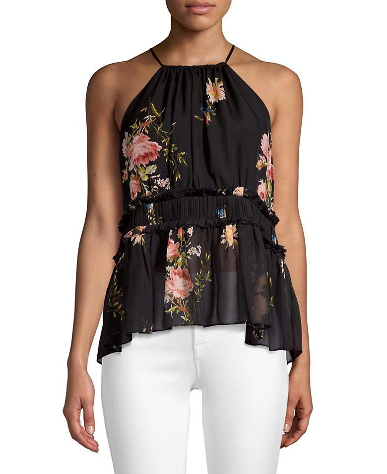 Joie Shawnette Floral Print Sleeveless Silk Top, Caviar