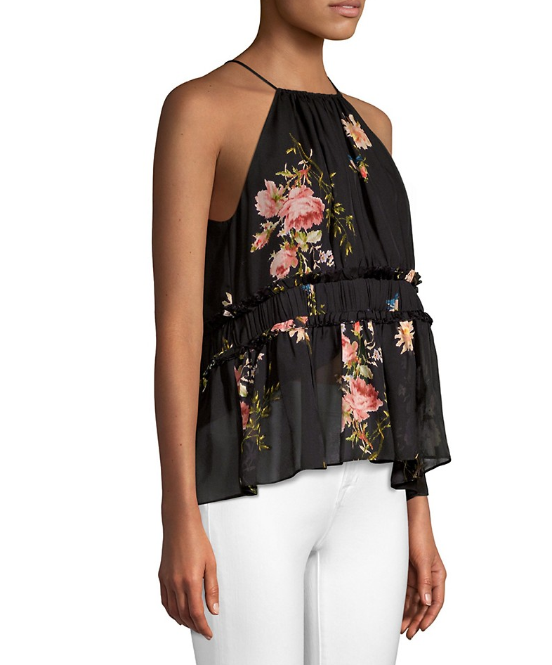 Joie Shawnette Floral Print Sleeveless Silk Top, Caviar