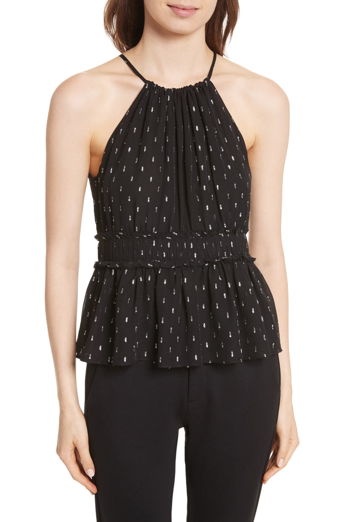 Joie Shawnette Metallic Silk Chiffon Halter Top, Caviar/Silver