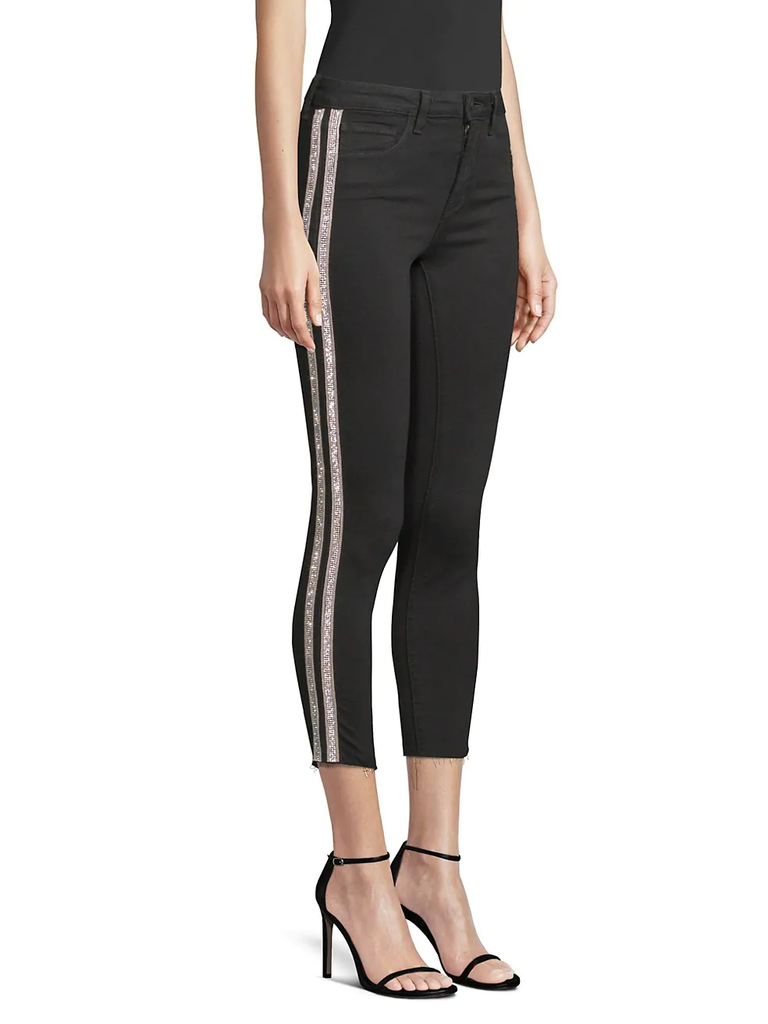L'AGENCE Margot Crystal-Stripe High-Rise Skinny Jeans, Noir