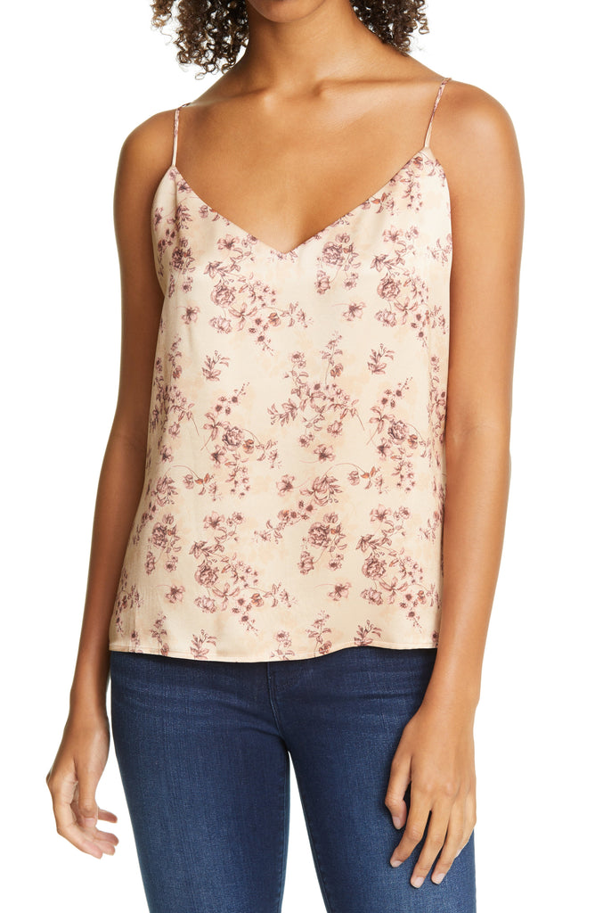 L’Agence Jane Floral-Print Silk Camisole Tank Top, Camel/Blush