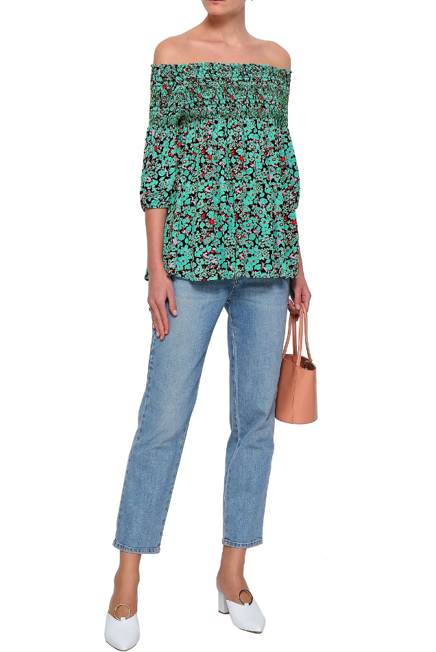 MAJE 'Lafine' Off-the-Shoulder Floral-Print Smocked Top, Green
