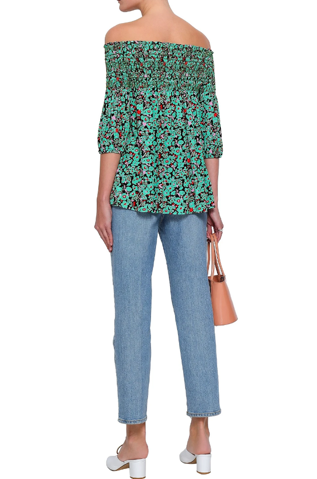 MAJE 'Lafine' Off-the-Shoulder Floral-Print Smocked Top, Green