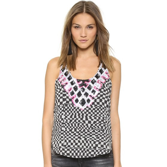 Mara Hoffman Checkers Sequin Front Sleeveless Tank Top, Black