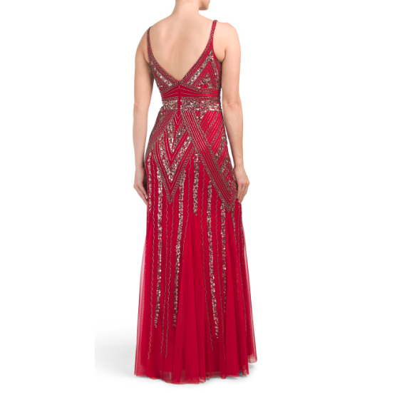 Marina Sequin & Beaded Full-Length Sleeveless Gown, Red