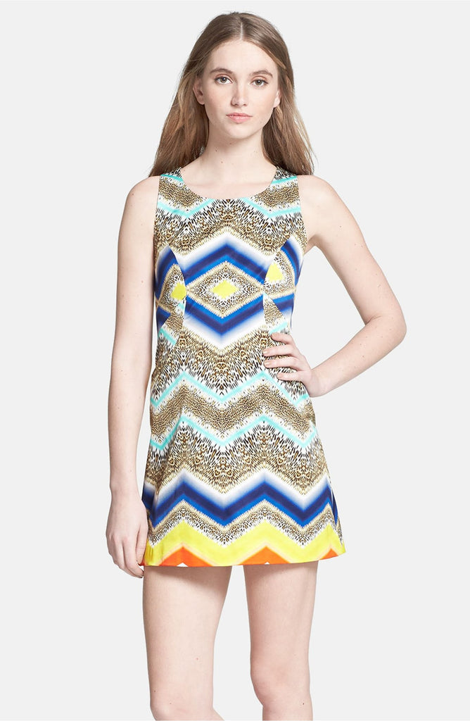 Milly Chevron Paneled Printed Sleeveless Shift Dress, Multi