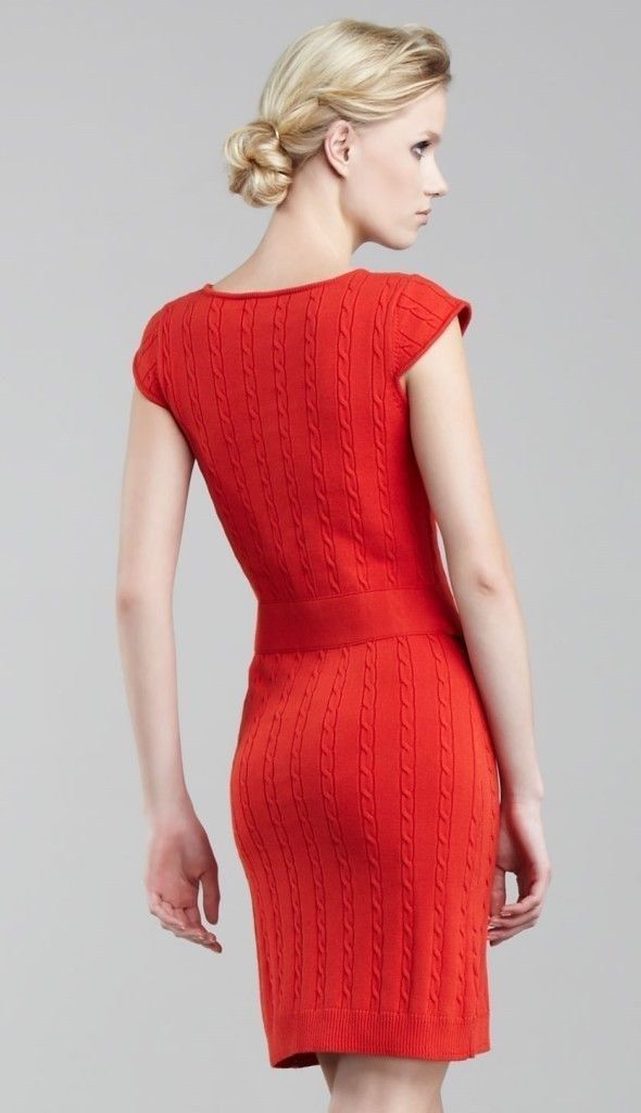 Milly Cable-Knit Chain Belted Sweater Dress, Red-Orange