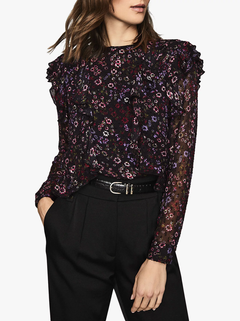 REISS 'Faiza-India' Ruffle Floral-Print Blouse, Black Multi