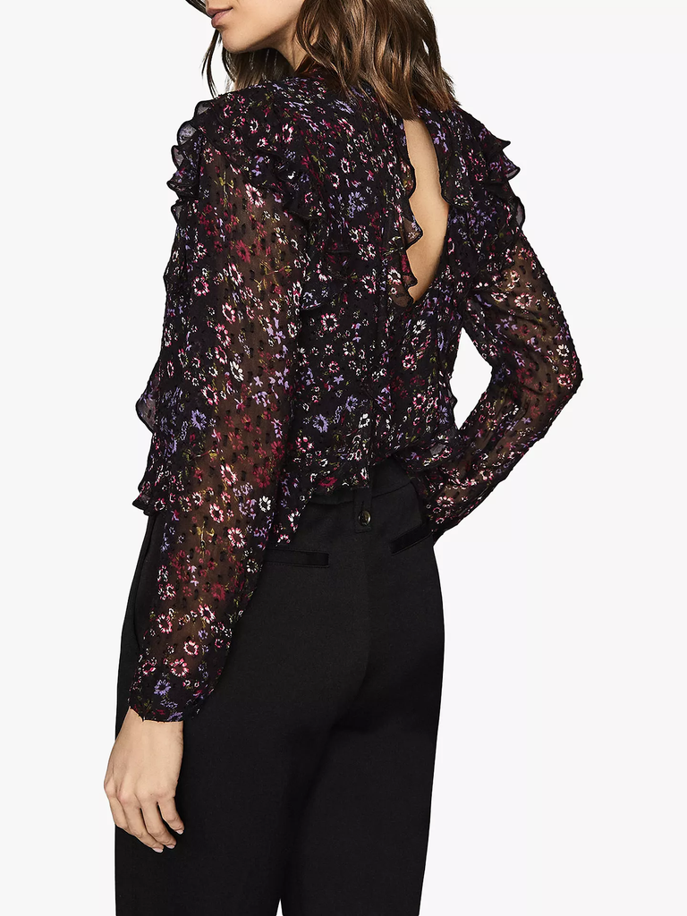 REISS 'Faiza-India' Ruffle Floral-Print Blouse, Black Multi