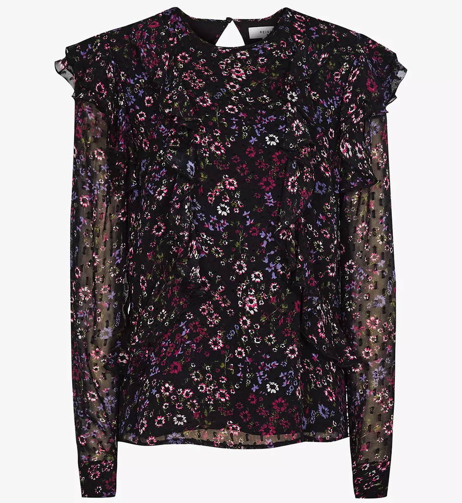 REISS 'Faiza-India' Ruffle Floral-Print Blouse, Black Multi