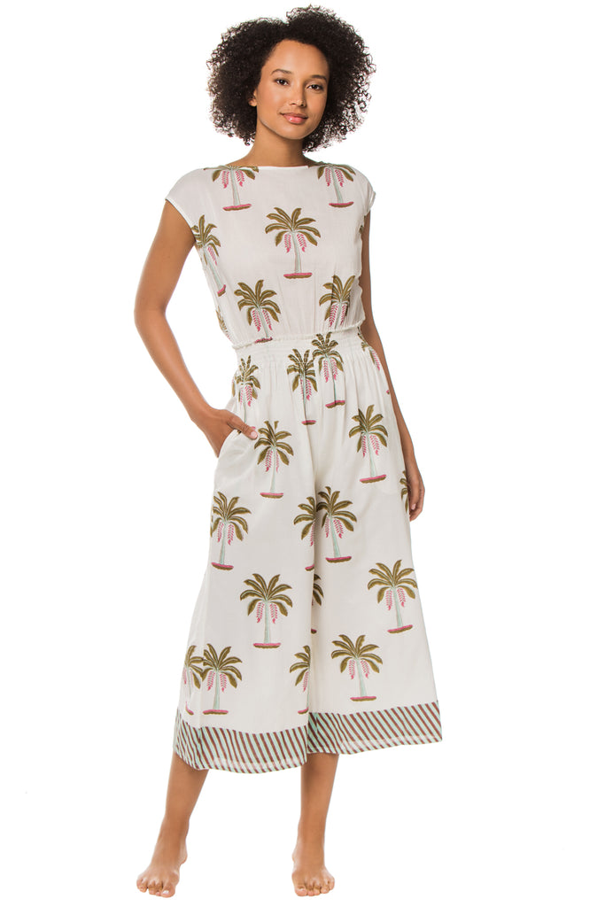 Roller Rabbit Morjim Palm-Print Emanelle Jumpsuit, Ivory