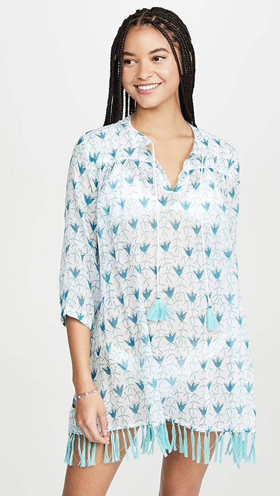 Roller Rabbit Dancing Flowers Serafina Tunic Cover-up, White/Teal