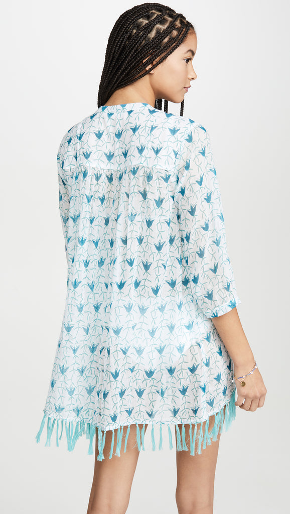 Roller Rabbit Dancing Flowers Serafina Tunic Cover-up, White/Teal