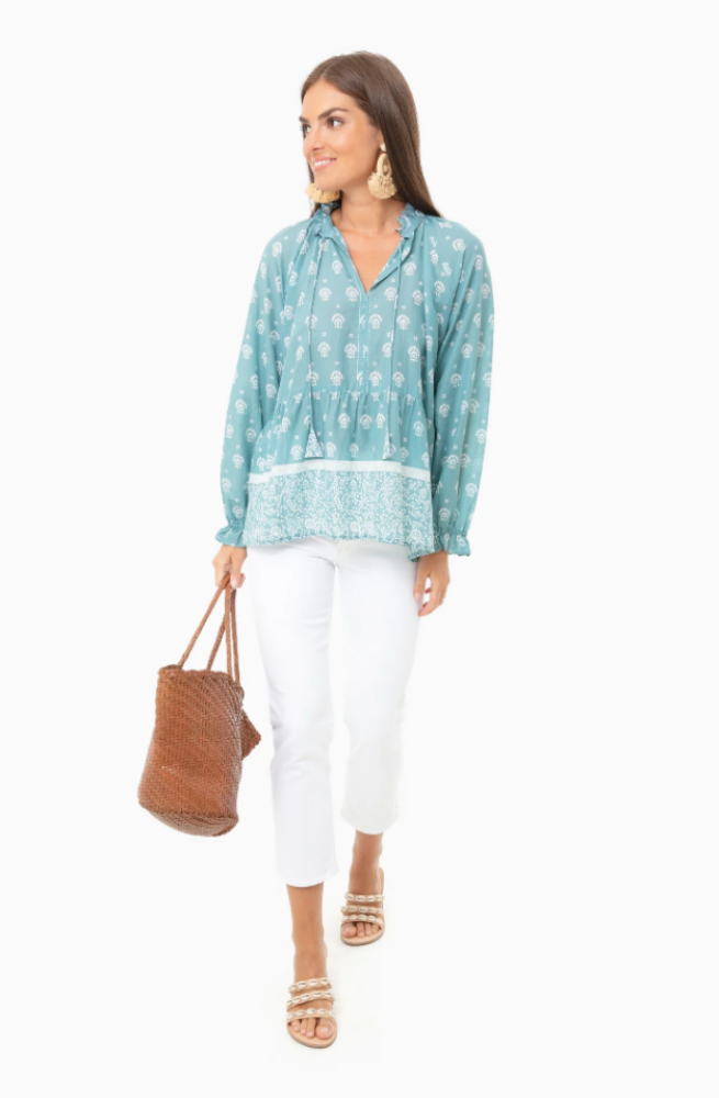 Roller Rabbit Tashi Border Jannella Cotton Top, Teal Blue/White