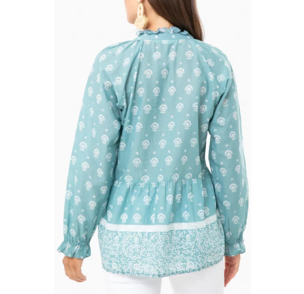 Roller Rabbit Tashi Border Jannella Cotton Top, Teal Blue/White