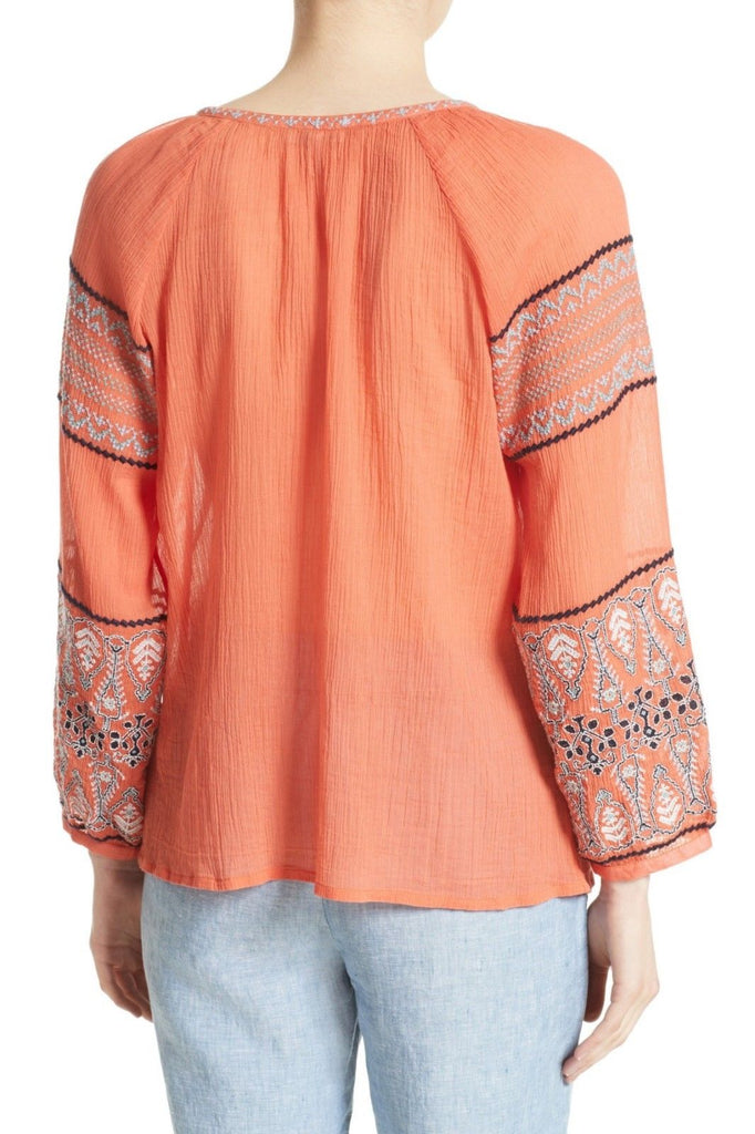 Joie 'Nelida' Embroidered Gauzey-Cotton Tunic Blouse, Blood Orange