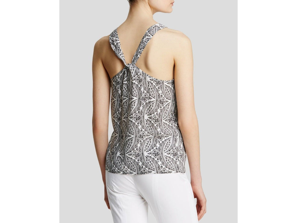 Theory Akena W Indo Printed Silk Knot-Back Top, Ivory/Black