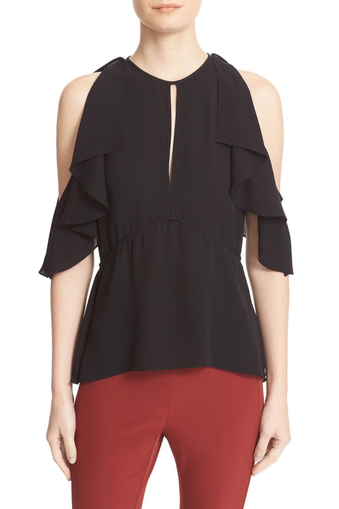Theory Desiraya B Ruffled Cold Shoulder Rayon Blend Top, Black