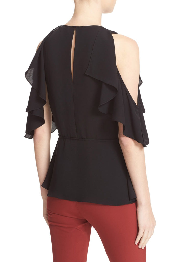 Theory Desiraya B Ruffled Cold Shoulder Rayon Blend Top, Black