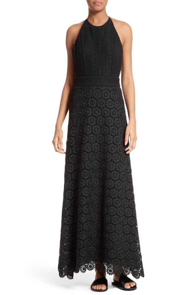 Theory Elizabetha Sleeveless Lace Open-back Maxi Dress, Black