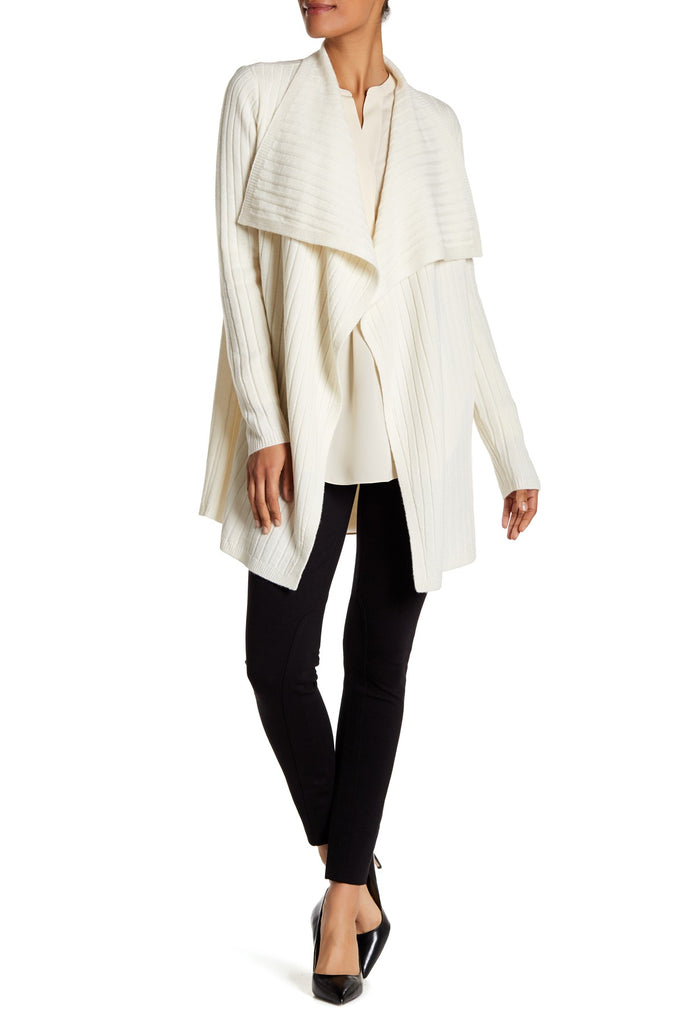 Theory Trincy LC Rib-Knit Wool-Blend Draped Cardigan Sweater, Ivory