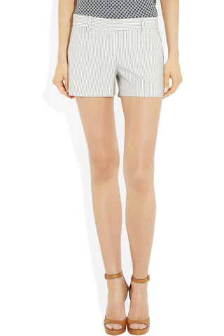 FRAME Linen-Blend Striped Paperbag Shorts, Off-White Multi