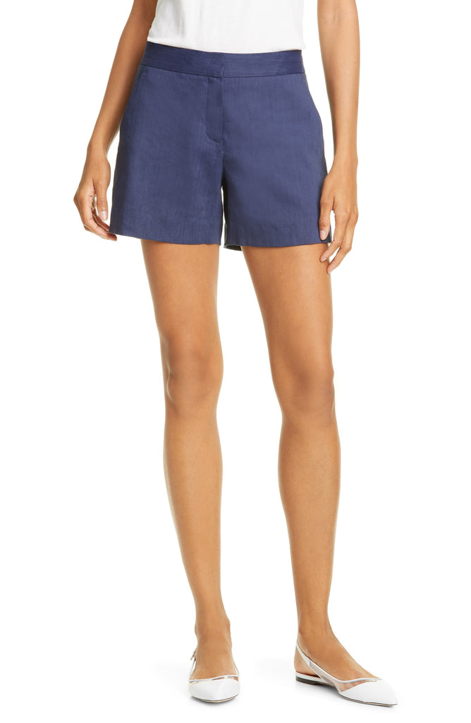 Theory Lynie R High Waist Linen Blend Shorts, Dark Sea Blue