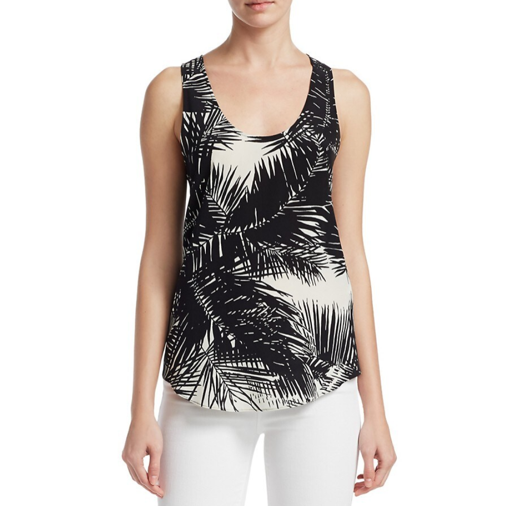 Theory Palm Print Sleeveless Silk Tank Top, Black/White