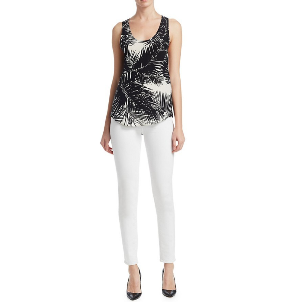 Theory Palm Print Sleeveless Silk Tank Top, Black/White