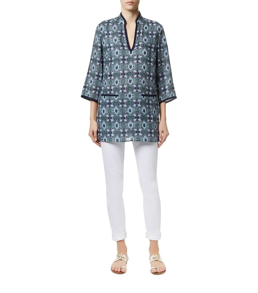 Tory Burch Printed Linen Laguna Tunic, Bukhara Blue/Tory Navy