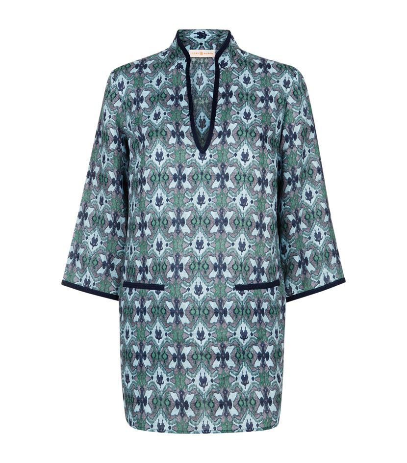 Tory Burch Printed Linen Laguna Tunic, Bukhara Blue/Tory Navy