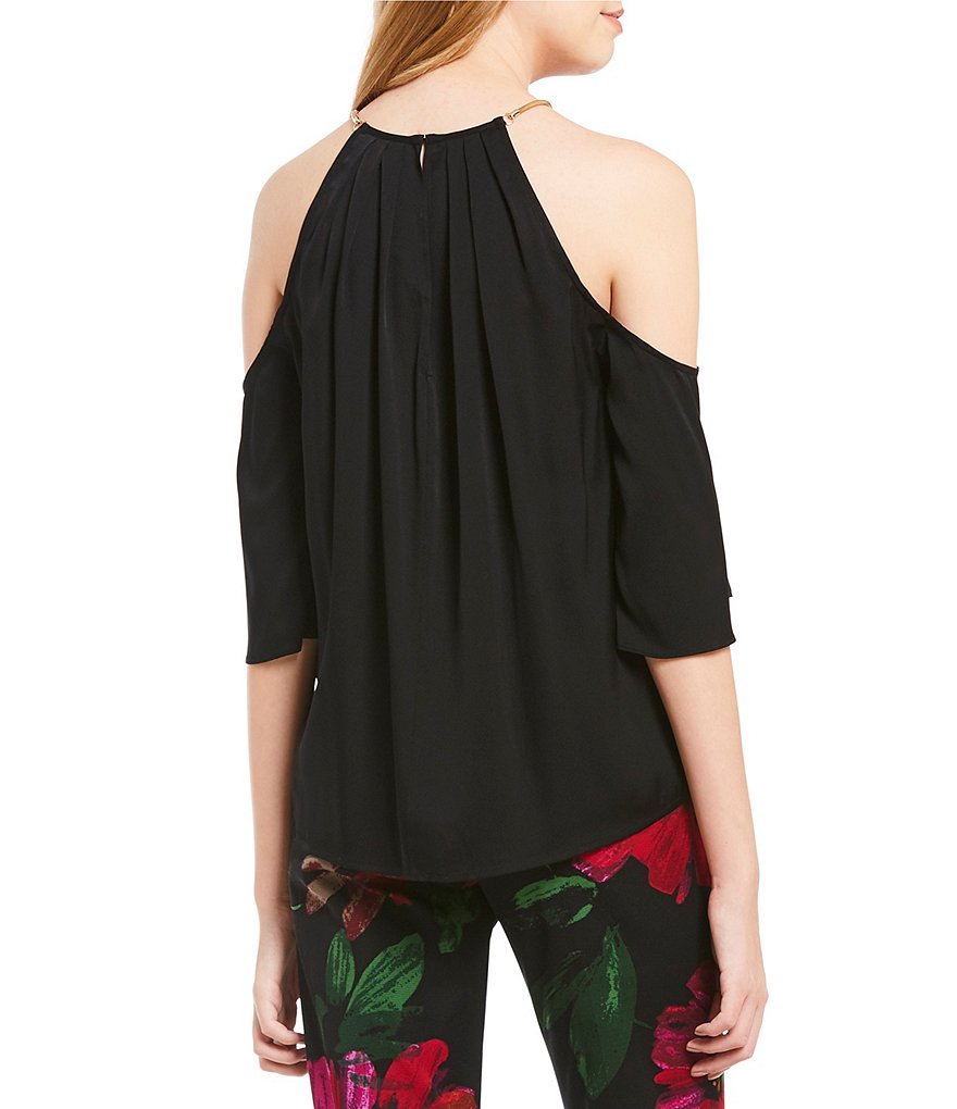 Trina Turk Audree Silk Cold-Shoulder Chain Link Top, Black