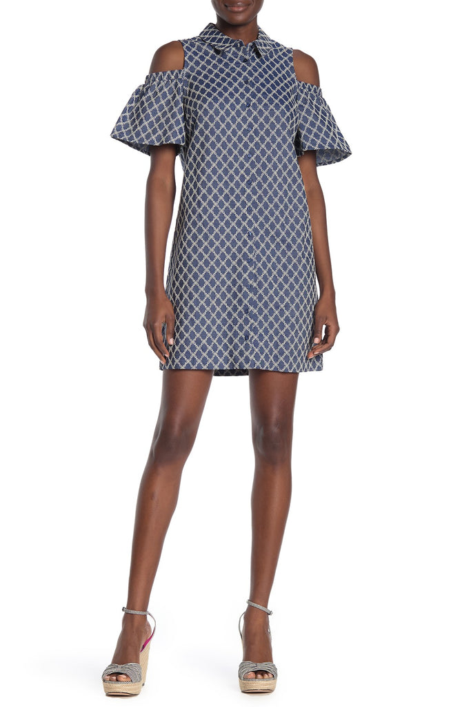 Trina Turk Cali Cold-Shoulder Embroidered Shirt Dress, Chambray