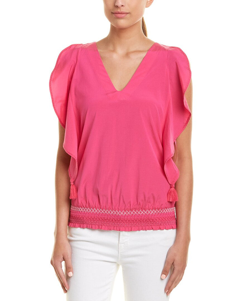 Trina Turk Cancun V-Neck Silk-Blend Top, Brilliant Fuchsia
