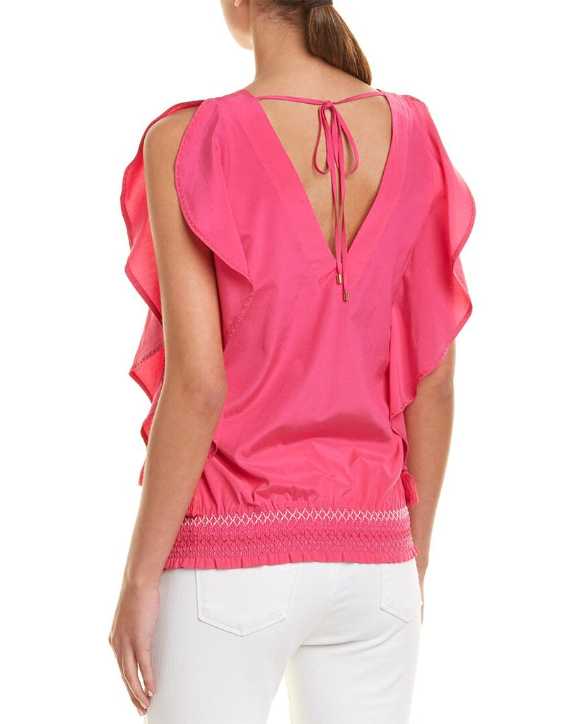 Trina Turk Cancun V-Neck Silk-Blend Top, Brilliant Fuchsia