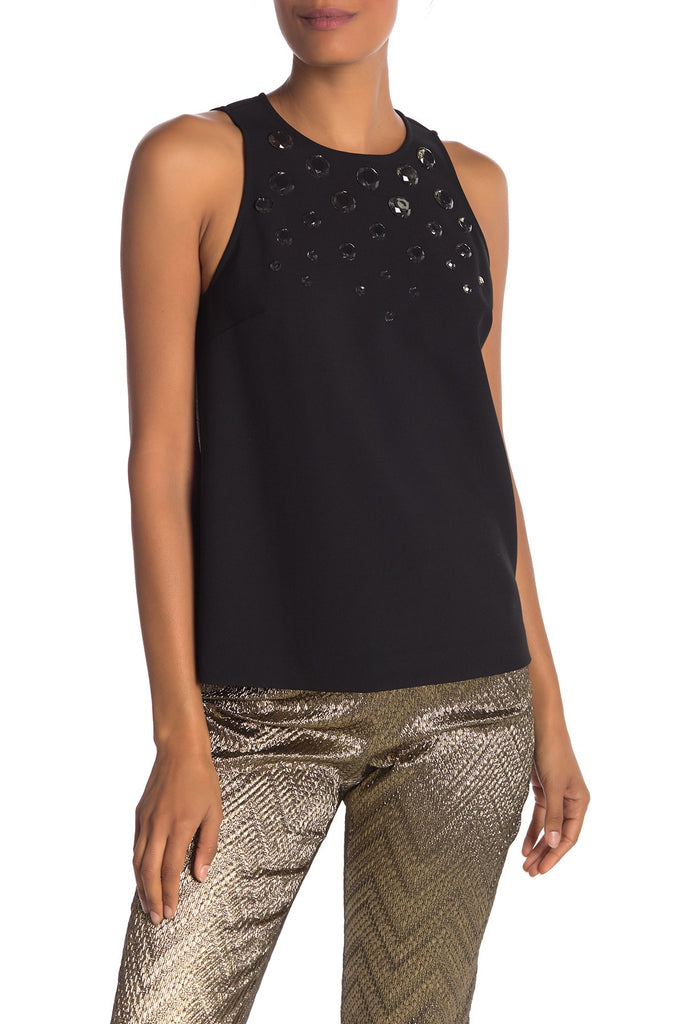 Trina Turk Juna Front Embellished Jewel Sleeveless Top, Black