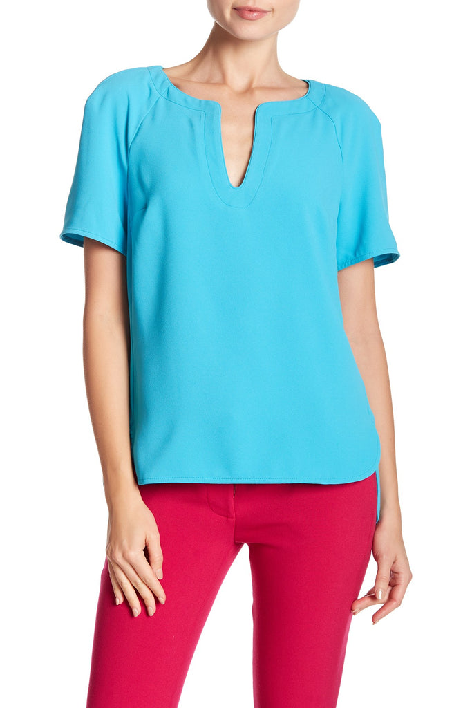 Trina Turk Pearle Split-Neck Short Sleeve Top, Skinny Dip Aqua