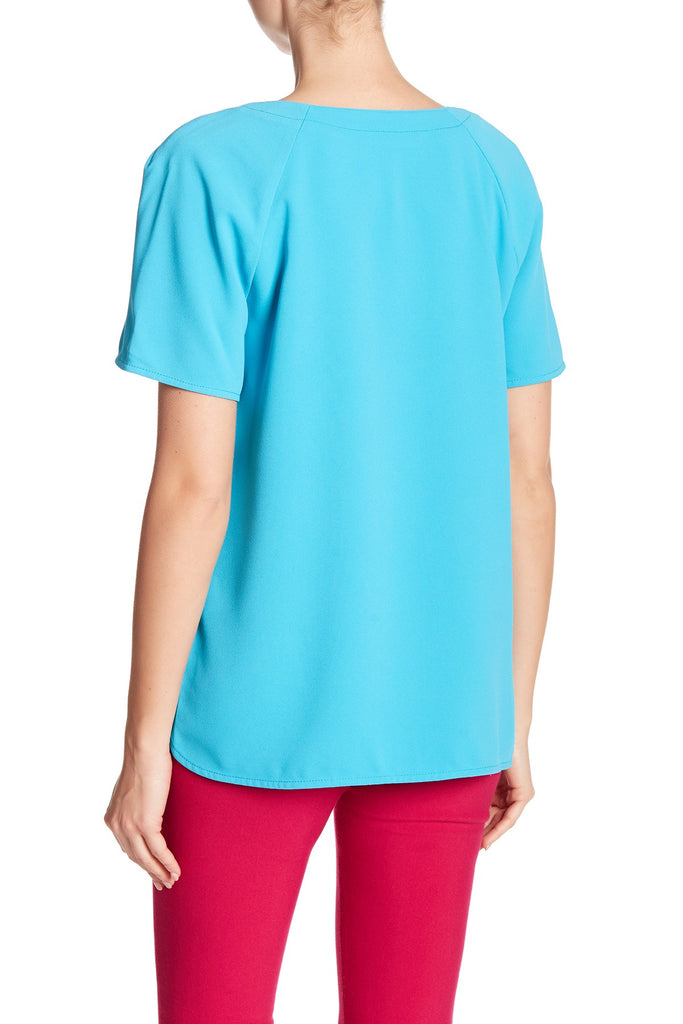 Trina Turk Pearle Split-Neck Short Sleeve Top, Skinny Dip Aqua