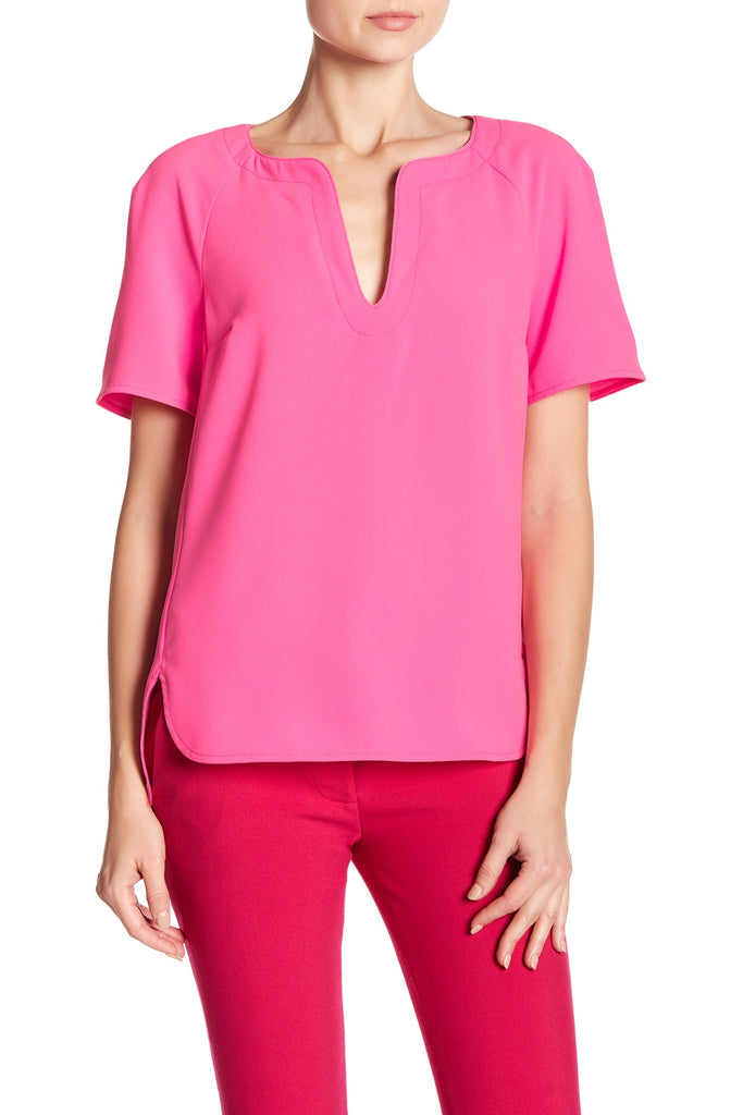 Trina Turk Pearle Split-Neck Short Sleeve Top, Gemini Pink
