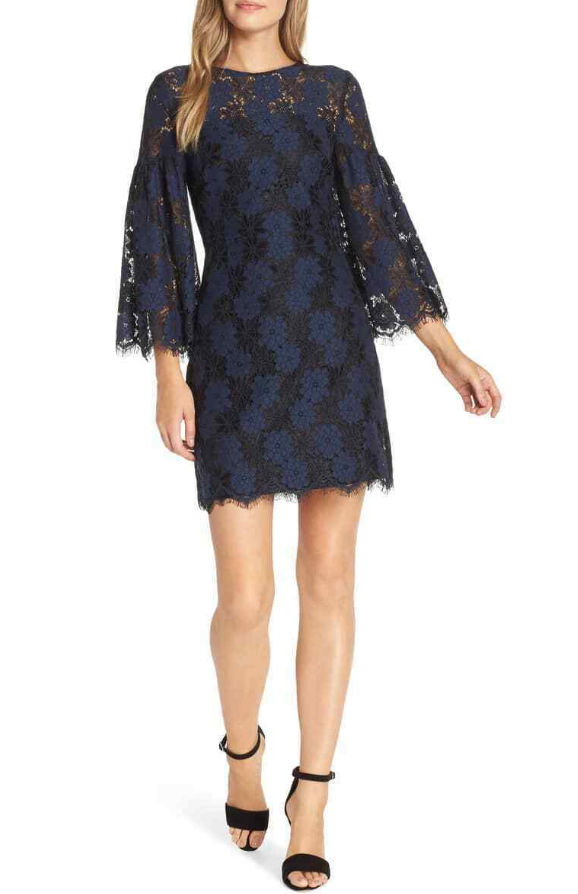 Trina Turk 2-Tone Floral Lace Bell Sleeve Dress, Black/Blue