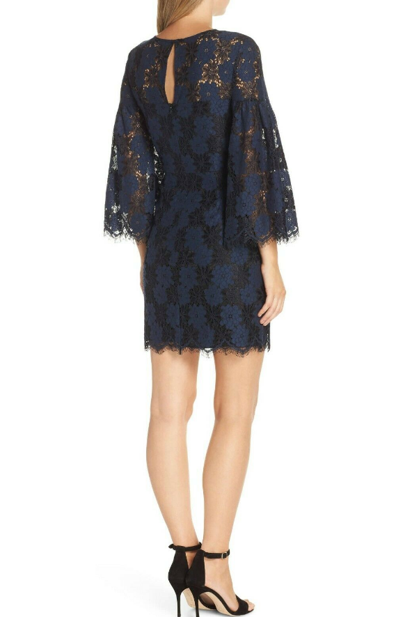 Trina Turk 2-Tone Floral Lace Bell Sleeve Dress, Black/Blue