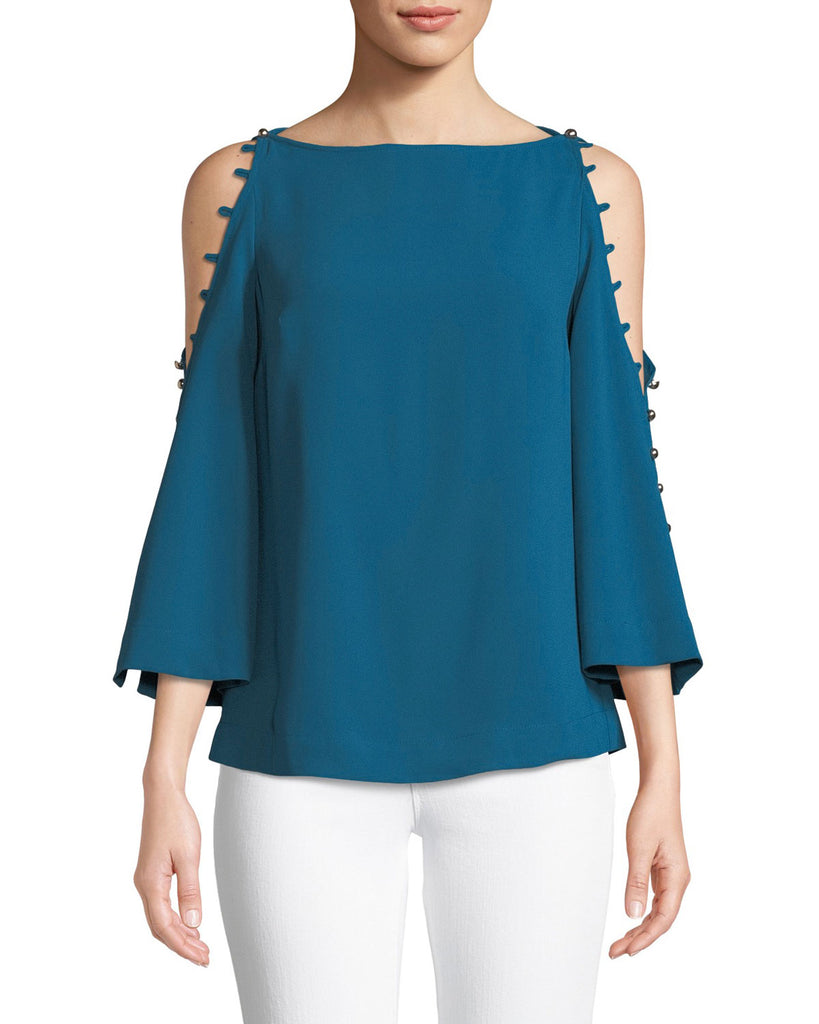 Trina Turk Amor Button Cold-Shoulder Top, Truest Teal
