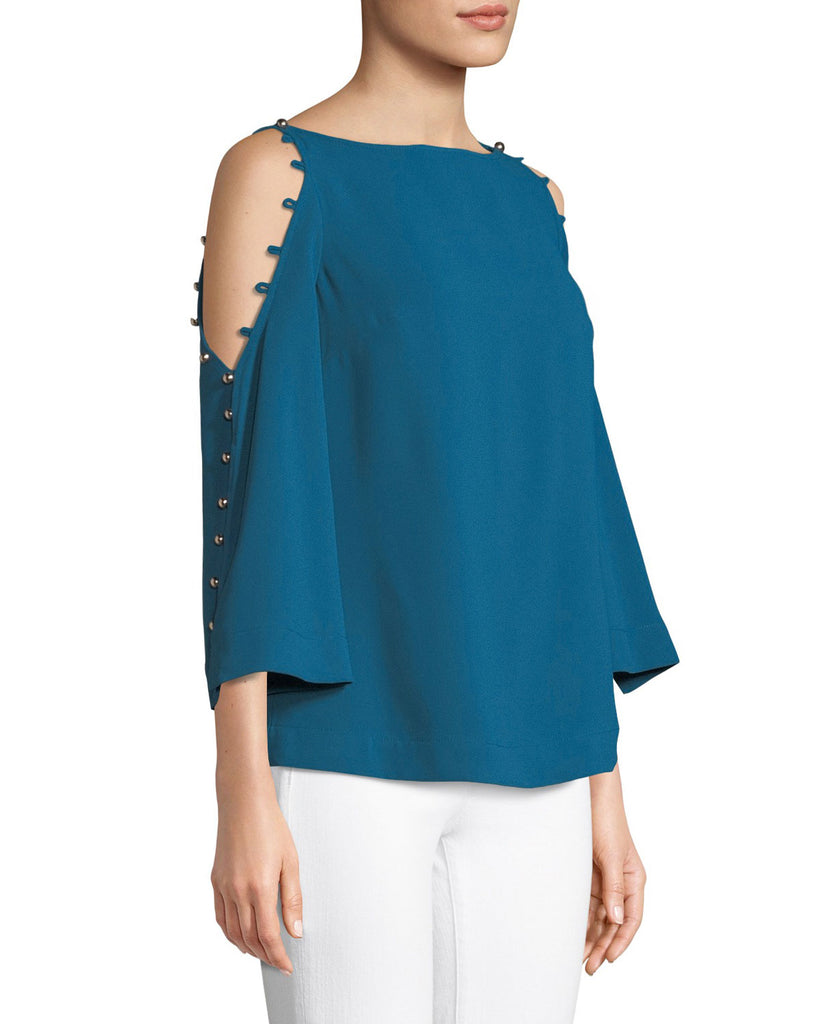 Trina Turk Amor Button Cold-Shoulder Top, Truest Teal