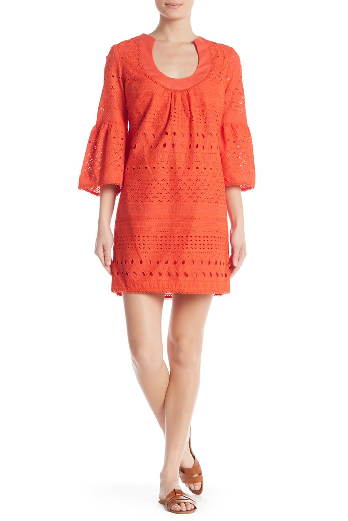 Trina Turk Bonita Embroidered Eyelet Bell-Sleeve Dress, Poppy