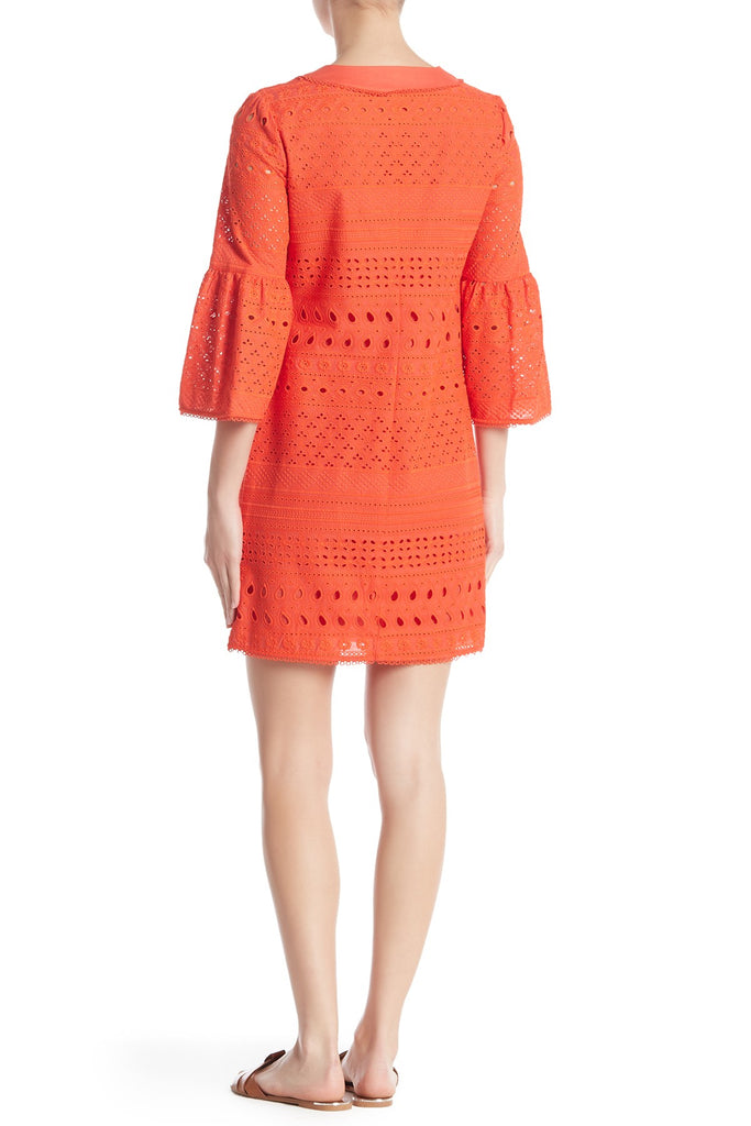 Trina Turk Bonita Embroidered Eyelet Bell-Sleeve Dress, Poppy