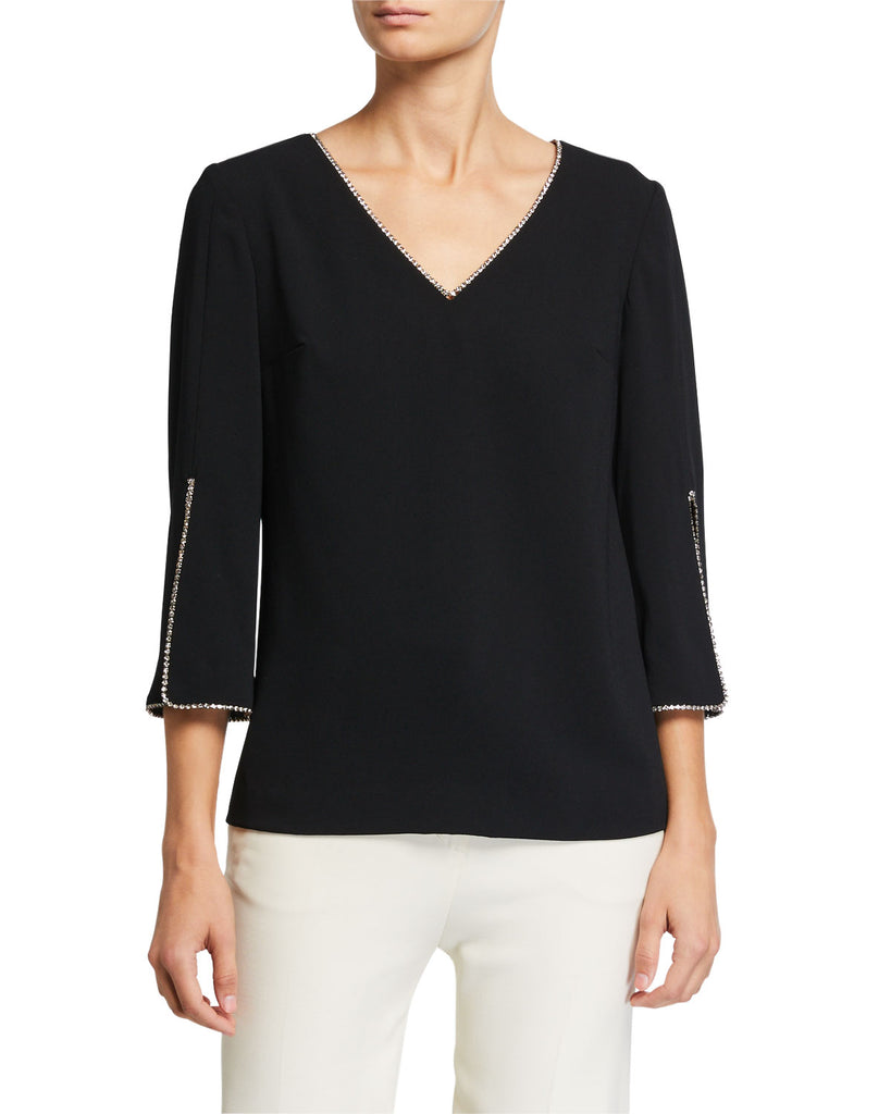 Trina Turk 'Frey' Rhinestone-Trim Split-Sleeve Crepe Top, Black