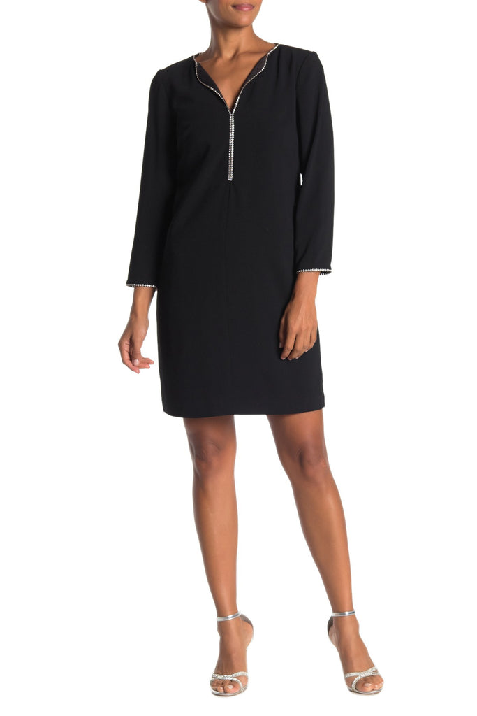 Trina Turk 'Liqueur' Rhinestone-Trim Crepe Shift Dress, Black