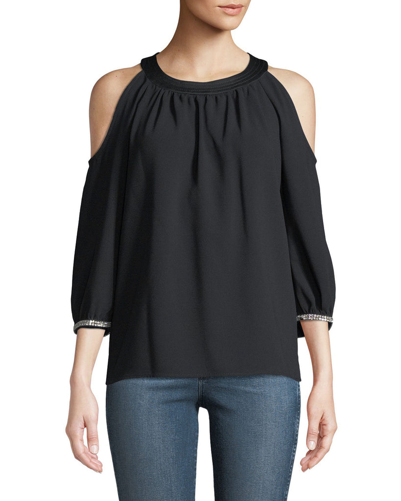 Trina Turk Sicily Rhinestone-Trim Cold-Shoulder Crepe Top, Black