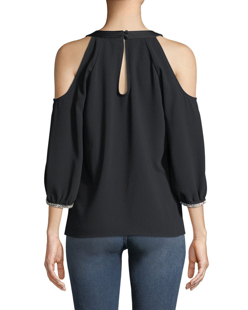 Trina Turk Sicily Rhinestone-Trim Cold-Shoulder Crepe Top, Black